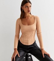 New Look Camel Ribbed Long Sleeve Corset Top